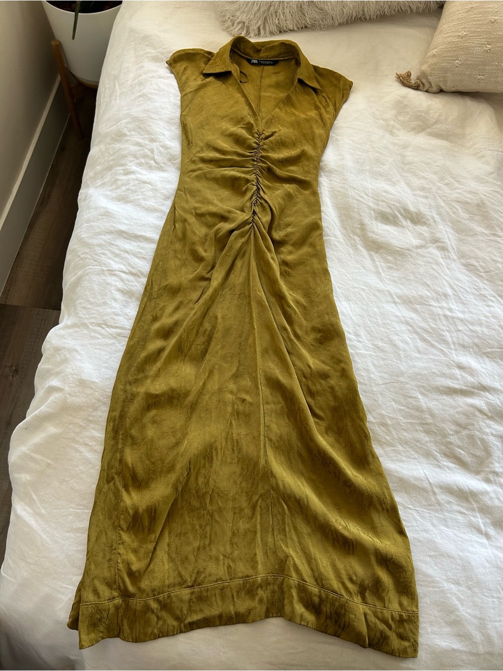 Zara Ruched Midi Shirt Dress in Olive Green